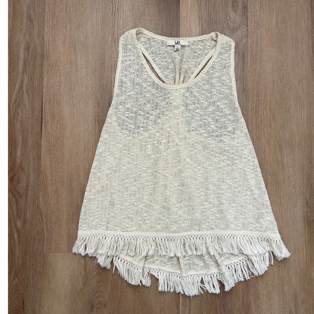 Cream Knit‎ Fringe Tank Top Racerback Boho Y2K L festival coastal beach hippie